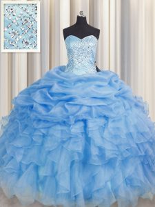 Excellent Baby Blue Sleeveless Floor Length Beading and Ruffles Lace Up Quince Ball Gowns