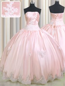 Baby Pink Taffeta Lace Up 15 Quinceanera Dress Sleeveless Floor Length Beading and Appliques