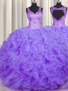 Organza V-neck Sleeveless Backless Beading and Appliques and Ruffles Quinceanera Gowns in Lavender