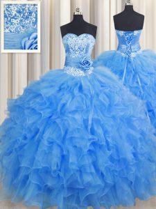 Handcrafted Flower Sweetheart Sleeveless Lace Up 15th Birthday Dress Baby Blue Organza