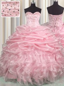 Delicate Baby Pink Sleeveless Brush Train Beading and Ruffles and Pick Ups With Train Sweet 16 Quinceanera Dress