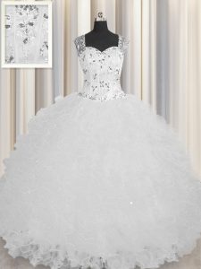 See Through Zipper Up White Sleeveless Beading and Ruffles Floor Length Ball Gown Prom Dress