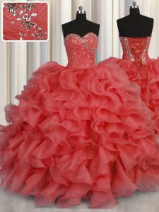 Organza Sweetheart Sleeveless Lace Up Beading and Ruffles 15 Quinceanera Dress in Coral Red