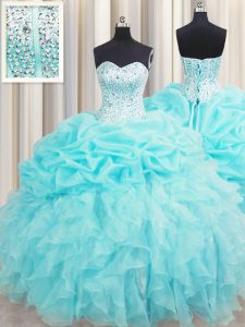 Visible Boning Beading and Ruffles and Pick Ups Quinceanera Gown Aqua Blue Lace Up Sleeveless Floor Length