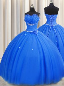 Handcrafted Flower Blue Quinceanera Dresses Military Ball and Sweet 16 and Quinceanera with Beading and Sequins and Hand Made Flower Strapless Sleeveless Lace Up