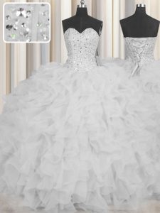 Hot Sale Visible Boning Sweetheart Sleeveless Lace Up Quince Ball Gowns White Organza