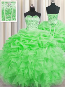 Custom Made Pick Ups Visible Boning Floor Length Ball Gowns Sleeveless Green Quinceanera Gowns Lace Up