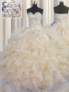 Glorious Organza Sweetheart Sleeveless Lace Up Beading and Ruffles Quinceanera Dresses in Champagne