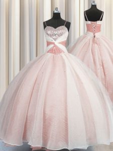 Customized Spaghetti Straps Floor Length Pink Sweet 16 Dress Organza Sleeveless Beading