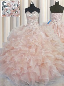 On Sale Ball Gowns Quinceanera Gowns Champagne Sweetheart Organza Sleeveless Floor Length Lace Up