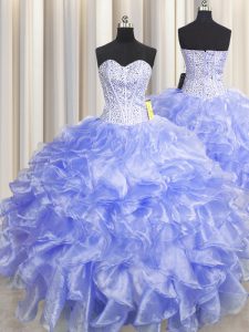 Admirable Visible Boning Zipper Up Floor Length Zipper 15th Birthday Dress Lavender for Military Ball and Sweet 16 and Quinceanera with Beading and Ruffles