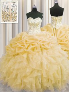 Visible Boning Gold Lace Up Sweet 16 Dresses Beading and Ruffles Sleeveless Floor Length