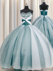 Free and Easy Teal Organza Lace Up Spaghetti Straps Half Sleeves Floor Length Quinceanera Dress Beading and Ruching