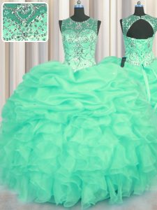 Low Price Scoop See Through Turquoise Sleeveless Floor Length Beading and Ruffles and Pick Ups Lace Up Quinceanera Dresses