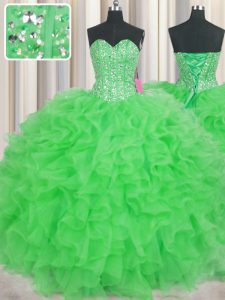 Custom Designed Visible Boning Green Sleeveless Beading and Ruffles Floor Length Quinceanera Gown