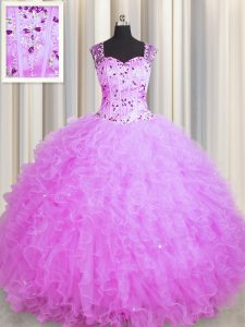 Fitting See Through Zipper Up Lilac Organza Zipper Square Sleeveless Floor Length Ball Gown Prom Dress Beading and Ruffles