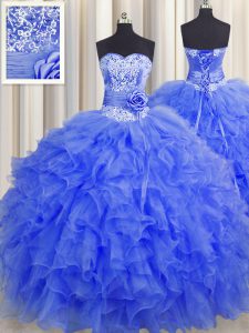 Handcrafted Flower Floor Length Ball Gowns Sleeveless Royal Blue Quince Ball Gowns Lace Up