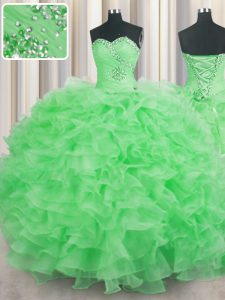 Ball Gowns Organza Sweetheart Sleeveless Beading and Ruffles Floor Length Lace Up Ball Gown Prom Dress