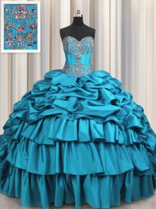 Lace Up Quince Ball Gowns Teal for Military Ball and Sweet 16 and Quinceanera with Beading and Embroidery and Ruffled Layers and Pick Ups Brush Train