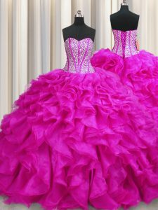 Exquisite Visible Boning Fuchsia Ball Gowns Organza Sweetheart Sleeveless Beading and Ruffles Lace Up Sweet 16 Dresses Brush Train