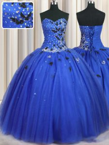 Royal Blue Lace Up Vestidos de Quinceanera Beading and Appliques Sleeveless Floor Length