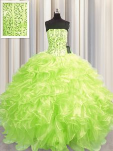 Visible Boning Yellow Green Sleeveless Beading and Ruffles Floor Length Sweet 16 Dresses