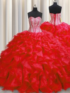 Custom Design Visible Boning Red Ball Gowns Beading and Ruffles 15 Quinceanera Dress Lace Up Organza Sleeveless Floor Length