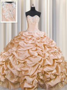 Brush Train Peach Ball Gowns Sweetheart Sleeveless Taffeta Sweep Train Lace Up Beading and Pick Ups Quinceanera Gowns