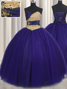 Customized Floor Length Royal Blue Quinceanera Gown Sweetheart Sleeveless Lace Up