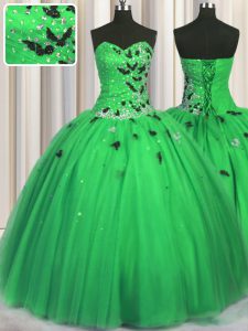 Tulle Sweetheart Sleeveless Lace Up Beading and Appliques Quinceanera Dresses in Green