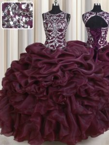 Colorful Scoop See Through Burgundy Sleeveless Floor Length Beading and Pick Ups Lace Up 15 Quinceanera Dress