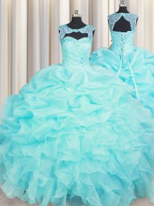Aqua Blue Organza Lace Up Scoop Sleeveless Floor Length 15 Quinceanera Dress Beading and Pick Ups
