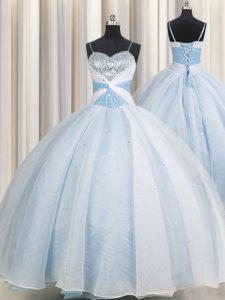 Traditional Ball Gowns 15 Quinceanera Dress Light Blue Spaghetti Straps Organza Sleeveless Floor Length Lace Up