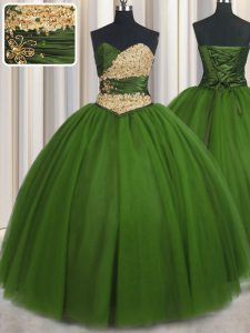 Superior Green Ball Gowns Tulle Sweetheart Sleeveless Beading and Ruching and Belt Floor Length Lace Up Quinceanera Dresses