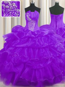 Purple Sleeveless Floor Length Beading and Ruffled Layers and Pick Ups Lace Up Quinceanera Dresses