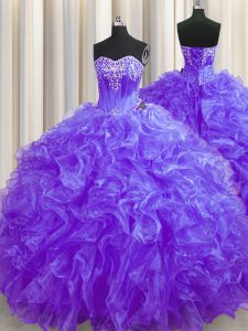 Exceptional Organza Sweetheart Sleeveless Brush Train Lace Up Beading and Ruffles Quinceanera Gowns in Purple