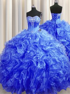 Royal Blue Ball Gowns Beading and Ruffles Sweet 16 Dress Lace Up Organza Sleeveless
