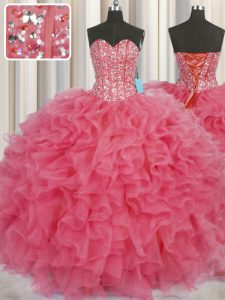Dynamic Visible Boning Coral Red Ball Gowns Organza Sweetheart Sleeveless Beading and Ruffles Floor Length Lace Up Quinceanera Gown