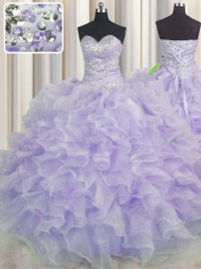Edgy Sweetheart Sleeveless Quinceanera Gowns Floor Length Beading and Ruffles Lavender Organza