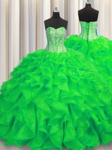 Fancy Visible Boning Sleeveless Organza Brush Train Lace Up Quince Ball Gowns in Green with Beading and Ruffles