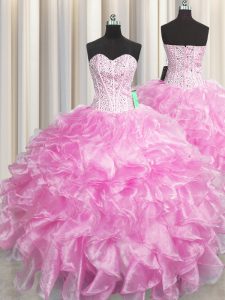 Visible Boning Zipper Up Rose Pink Zipper Quinceanera Dresses Beading and Ruffles Sleeveless Floor Length