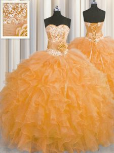 Fashion Handcrafted Flower Organza Sweetheart Sleeveless Lace Up Beading and Ruffles and Hand Made Flower Sweet 16 Quinceanera Dress in Orange
