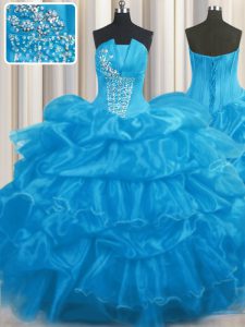 Decent Floor Length Lace Up Quinceanera Gown Baby Blue for Military Ball and Sweet 16 and Quinceanera with Beading and Ruffles and Pick Ups