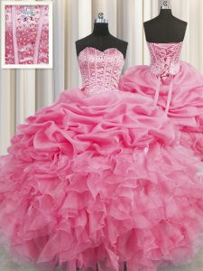 Sophisticated Visible Boning Organza Sleeveless Floor Length Ball Gown Prom Dress and Beading and Ruffles and Pick Ups