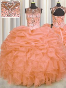 See Through Sleeveless Lace Up Floor Length Beading and Ruffles and Pick Ups Quinceanera Dresses