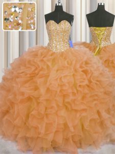 Excellent Visible Boning Orange Ball Gowns Sweetheart Sleeveless Organza Floor Length Lace Up Beading and Ruffles and Sashes ribbons Quinceanera Dresses