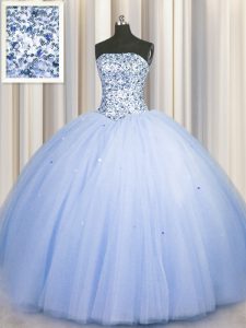 Sequins Big Puffy Blue Sleeveless Tulle Lace Up Quinceanera Dresses for Military Ball and Sweet 16 and Quinceanera