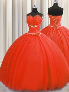 Handcrafted Flower Floor Length Lace Up Quinceanera Gown Coral Red for Military Ball and Sweet 16 and Quinceanera with Beading and Sequins and Hand Made Flower