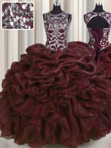 See Through Burgundy Ball Gowns Scoop Sleeveless Organza Floor Length Lace Up Beading and Pick Ups Quinceanera Gowns