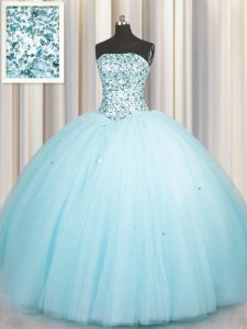 Really Puffy Sleeveless Floor Length Beading and Sequins Lace Up 15 Quinceanera Dress with Aqua Blue